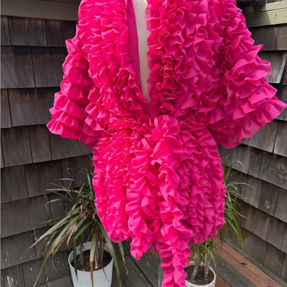 ZARA fuchsia pink ruffled knit coat jacket voluminous with tie Sz M. - Picture 10 of 10